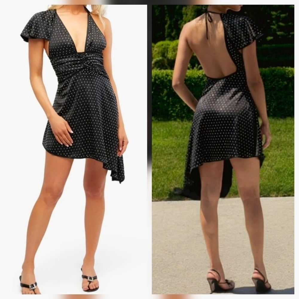 WeWoreWhat Black Silky Charmeuse Crystal Asymmetrical Dress, Size 6